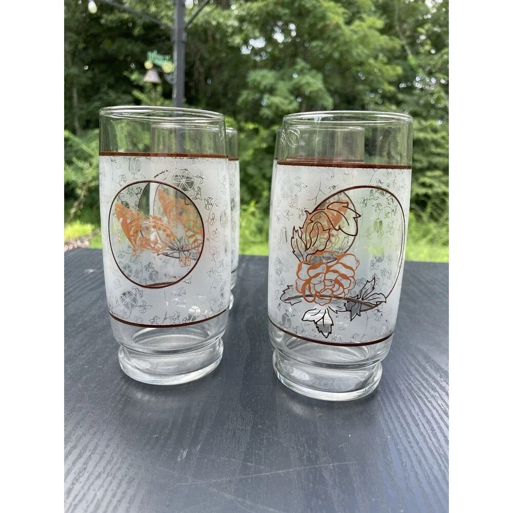 Vintage Anchor Hocking Rose/butterfly Drinking Glasses Set Of 4